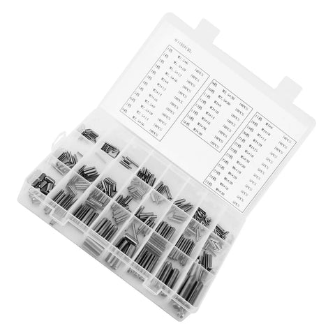 Spring Pin Set 280 Piece Stainless Steel Roll Pins Hollow Dowel Fasteners From M1.5 To M8 Durable Silver Finish in storage box