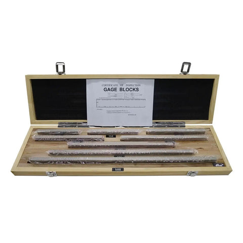 Premium Eight Piece Setup Block Height Gauge Set Hella Accurate Hardened Steel Layout Bars in wooden case, sizes from 125mm to 500mm.