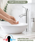 Ultra Sleek Modern Tall Vessel Sink Faucet With Single Handle One Hole Mount, Stainless Steel Tap in use with white basin