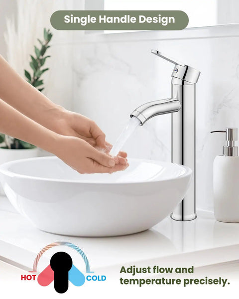 Ultra Sleek Modern Tall Vessel Sink Faucet With Single Handle One Hole Mount, Stainless Steel Tap in use with white basin