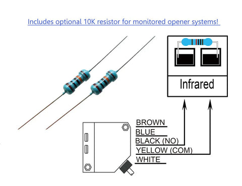 Diagram of an IP67 Waterproof Photoelectric Beam Sensor For Gates And Garage Doors with optional 10K resistor for monitored systems.