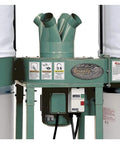 Shop Tough Five Horsepower Industrial Dust Collector Kicking Serious Dust With Giant Fifteen Inch Impeller And Four Quick Connect Ports, detailed view of ports and motor.