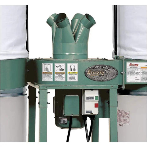Shop Tough Five Horsepower Industrial Dust Collector Kicking Serious Dust With Giant Fifteen Inch Impeller And Four Quick Connect Ports, detailed view of ports and motor.