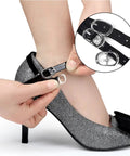 Hand adjusting an adjustable anti-drop shoe strap on a black high heel, showcasing durable metal and PU materials.