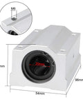 SCS20LUU Linear Ball Bearing Slide Block Unit Extra Long 20mm Bore with aluminum housing, front view showing dimensions and M6 mounting holes.