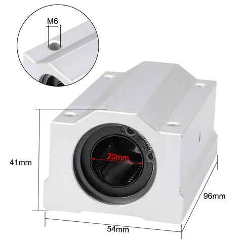 SCS20LUU Linear Ball Bearing Slide Block Unit Extra Long 20mm Bore with aluminum housing, front view showing dimensions and M6 mounting holes.