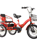 Red folding tricycle with rear passenger seat and backrest in PU leather, adjustable height tandem rickshaw pedal bike dual brakes.