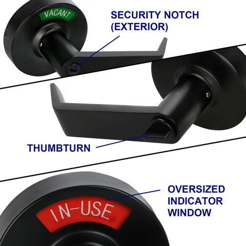 Oversized Restroom Privacy Indicator Lock showcasing VACANT and IN-USE windows with thumbturn for busy offices, ANSI Grade 2, black finish.