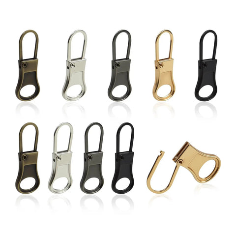10 Piece Zipper Pull Tab Replacement Kit With Detachable Metal Pulls For Universal Fit On Jackets Pants Coats Shoes Backpacks Luggage And More In A 5 Color Mixed Set Black Silver Gun Black Light Gold Antique Bronze displayed