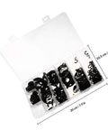 328 Piece External Snap Ring Kit in Black Manganese Steel Retaining Rings in clear plastic box with dimensions shown.