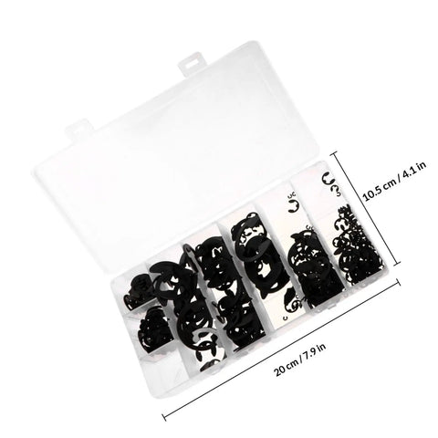 328 Piece External Snap Ring Kit in Black Manganese Steel Retaining Rings in clear plastic box with dimensions shown.