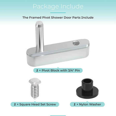 Shower Door Pivot Block With Three Quarters Inch Pin For Framed Swing Doors, including set screw and nylon washer in package
