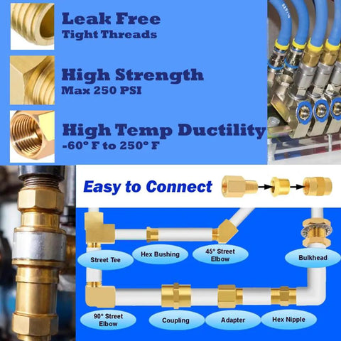 Brass Plumbing Fitting Kit Value Pack Seven Pieces One Half Inch NPT To Three Eighths Inch NPT Reducing Adapters Nipples And Hex Bushings