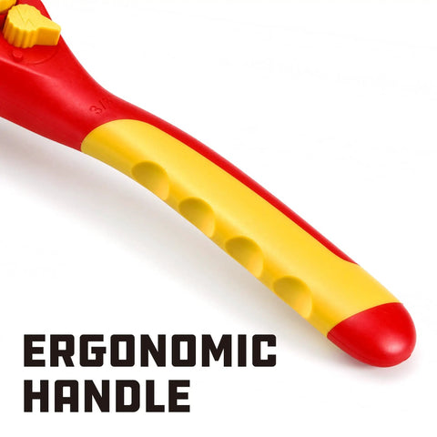 Heavy Duty 3/8 Inch Drive VDE Insulated Ratchet Wrench With 72 Tooth Gears For High Voltage Electrical And Hybrid Car Jobs Built Tough As Nails Using Chrome Vanadium Steel ergonomic handle close-up.