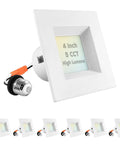 4-Inch Square LED Recessed Can Lights Kit, Dimmable, Wet Rated, IC Rated, ETL Listed, 950 Lumens, baffle trim, 6 pack display
