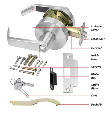 Diagram of Beefed Up Heavy Duty Commercial Lever Door Lock With Keyed Entry Grade 2 Brushed Chrome Door Handle For Entrances And Passages Durable Locking Solution For Offices And Halls Embassy Series with labeled components.