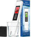 4 In 1 TDS Meter And Water Tester Pro With EC And Temperature Readout in a glass, showing digital display and packaging.
