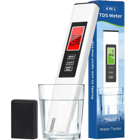 4 In 1 TDS Meter And Water Tester Pro With EC And Temperature Readout in a glass, showing digital display and packaging.