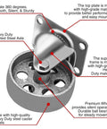 4 Pack Heavy Duty All Steel Swivel Caster Wheels Built Tough With Rock Solid High Gauge Construction And 3.5 Inch Diameter Gray Finish showing detailed view of caster wheel with steel axle and mount plate.