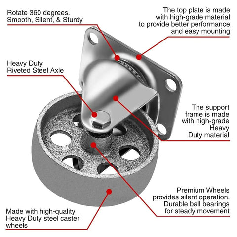 4 Pack Heavy Duty All Steel Swivel Caster Wheels Built Tough With Rock Solid High Gauge Construction And 3.5 Inch Diameter Gray Finish showing detailed view of caster wheel with steel axle and mount plate.