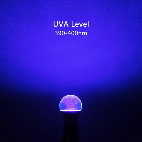 LED Black Light Bulbs 6 Pack 9W Equivalent 75W A19 UV 390 To 400nm Glow illuminating on wall UVA level shown
