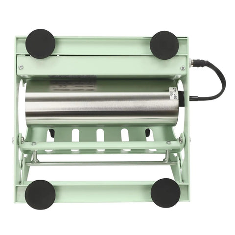 Top view of Two In One Tumbler Heat Press for 11 to 30-ounce mugs, showcasing the green metal frame and roller mechanism.