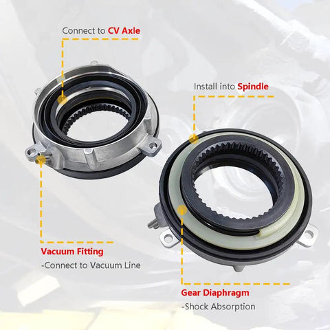 Hella Tough 4wd Auto Locking Hub Actuator Pair showing components like vacuum fitting and gear diaphragm for 4x4 operation
