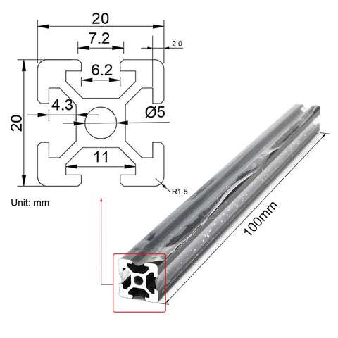 Diagram and one piece of Four 100mm Aluminum Extrusion Profiles 20x20 2020 Series T Slot European Standard For 3D Printers