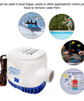 Automatic Submersible Bilge Pump For Boats, 12V 1100 GPH With Built-In Float Switch and 1-1/8 Inch Outlet shown with varied applications.