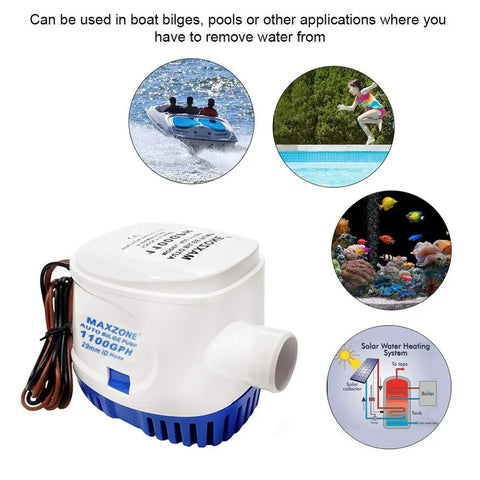 Automatic Submersible Bilge Pump For Boats, 12V 1100 GPH With Built-In Float Switch and 1-1/8 Inch Outlet shown with varied applications.