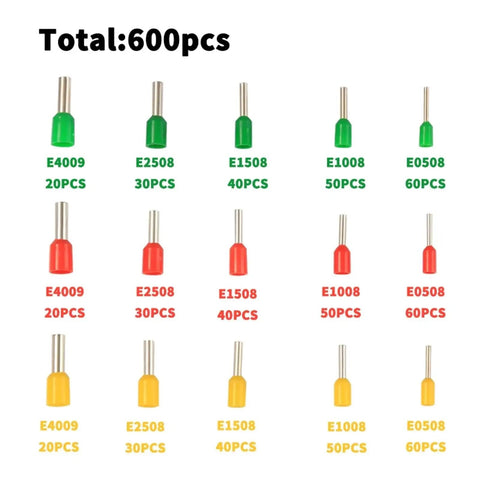 Get The Ultimate Wire Ferrule Kit With 600 Pieces Of Crimp Terminals And Connectors For Electrical Repairs On 22 To 12 AWG Cables Perfect For DIY Pros Who Need Quality Tools That Rock. Color-coded wire ferrule kit, 600 pcs, 22-12 AWG, insulated copper terminals for electrical repairs