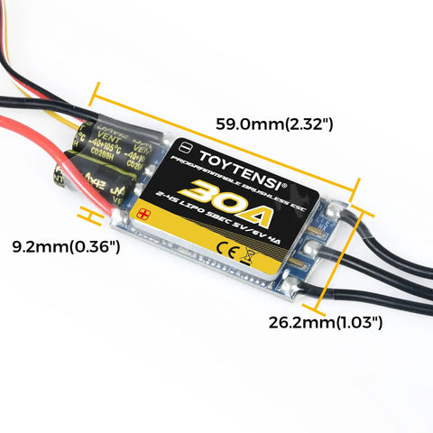 Dimensions of Beefy 30A Brushless ESC For 2 To 4S RC Planes And Airplanes With 5V And 6V SBEC shown with wires.