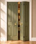 Slick Brushed Gold Cabinet Knobs Two Pack Modern Three Groove Handle Style on opened bifold closet doors.