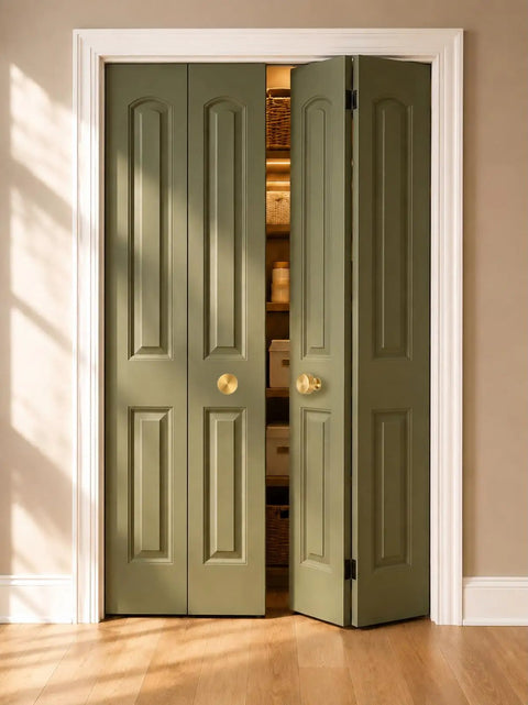 Slick Brushed Gold Cabinet Knobs Two Pack Modern Three Groove Handle Style on opened bifold closet doors.