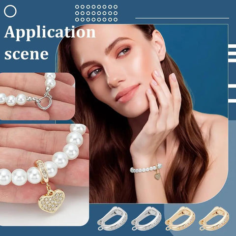 Fashion model wearing bracelet, close-up of 8Pcs 18K Gold Plated Necklace Shortener Clasp Brass Enhancer Set with cubic zirconia.