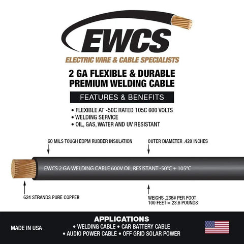 2 Gauge Premium Extra Flexible Welding Cable 600 Volt Black 20 Feet Made In USA Pro Grade Heavy Duty Workhorse Wire Features