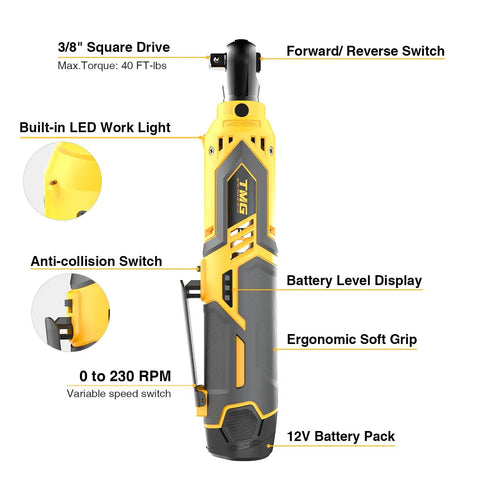 Cordless Electric Ratchet Wrench Set Workhorse For Auto Repair And Diy Projects Three Eighths Inch 40 Ft Lbs Torque 230 RPM 12V