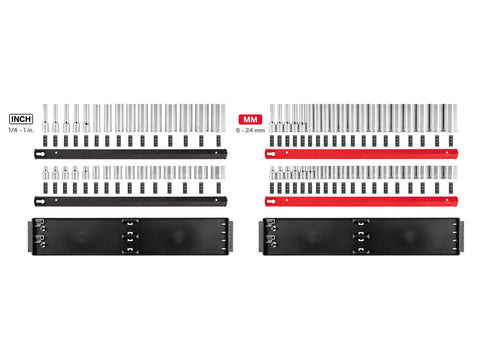 68-piece 3/8 Inch Drive 6 Point Socket Set with rails, displaying shallow and deep inch and metric sockets organized by size.