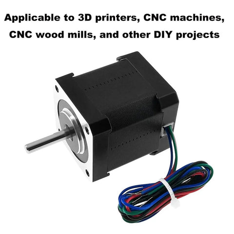Front view of a black NEMA 17 stepper motor with silver faceplate, metal shaft, and multicolored 4‑lead wires (1 m cable)