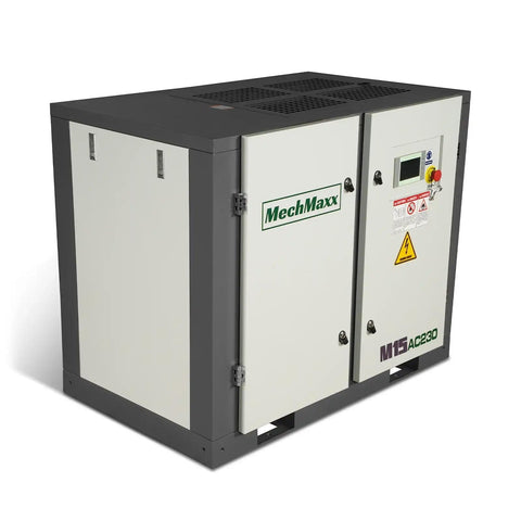 Front view of 15HP Rotary Screw Air Compressor Workhorse With 45 CFM And 116 PSI For 230V 3 Phase Industrial Grade Powerhouse Built For Tough Jobs, Durable Motor, SKF Bearings, High Start Torque, Long Life.