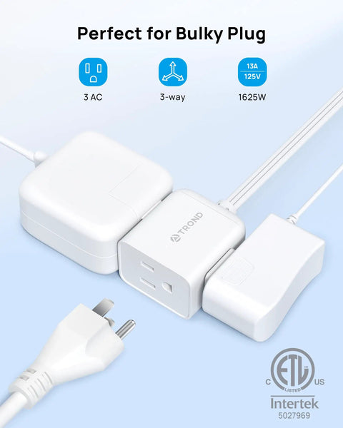Rotating Flat Plug 3ft Extension Cord With Three AC Outlets, Low Profile Swivel Wall Plug, ETL Listed, White, Built For Tight Spaces And Busy Desks For Daily Use, No Fuss, with bulky plug and 3 outlets
