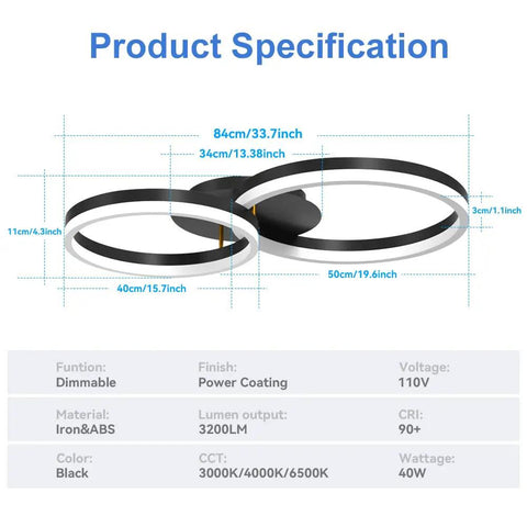 Modern 2 Ring LED Flush Mount Ceiling Light With 40W Power, Adjustable Color Temperature 3000K 4000K 6500K, size diagram