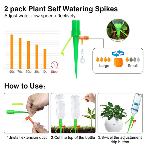 2 pack plant self-watering spikes with flow chart, extension ducts, bottle cutting, and drip button for adjustable watering.