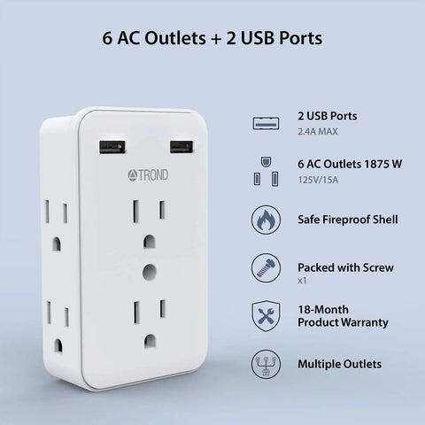 8 In 1 Multi Plug Outlet Extender With Front Two AC Outlets And Side Four Outlets, Two USB Ports, 3 Prong Grounded Wall Tap, ETL Listed, Non Surge Protection, Space Saving Power Hub For Home Kitchen Travel