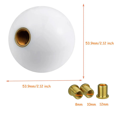 5 Speed Round Ball Shift Knob For Manual Cars, Resin Shifter Lever Head With 3 Adapters, White finish, 53.9mm size, adapter sizes 8mm, 10mm, 12mm