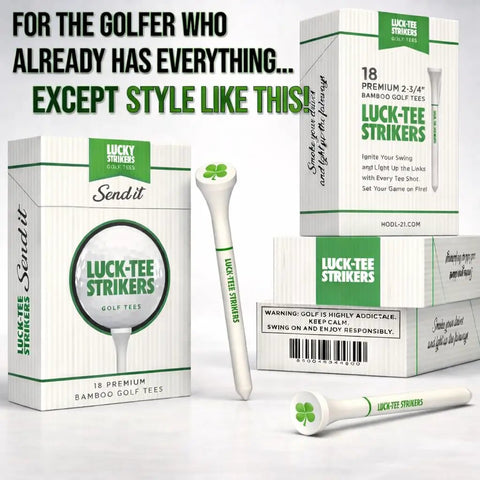 Packaging of Lucky Tee Strikers golf tees with a close-up on a single bamboo tee featuring green clover design.