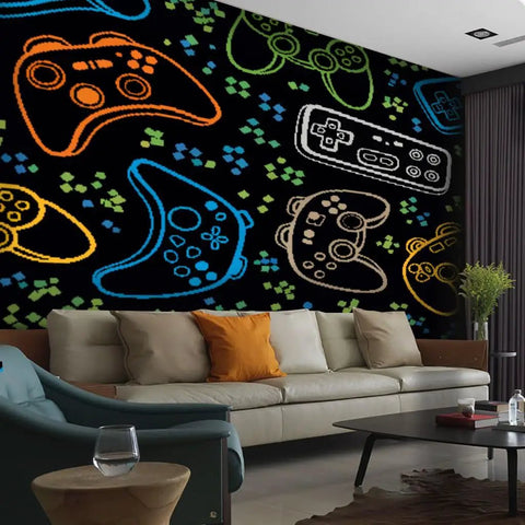 Living room with Dope Joysticks Gaming Wall Mural Peel And Stick 6 Panel Canvas Print 100x144 Inches Seamless Bright Pattern
