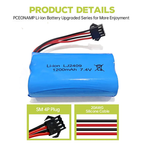 Two Pack 7.4V 1200mAh SM4P Plug Rechargeable Battery With USB Charging Cable For EC08 RC Toy Car Model Off Road