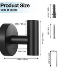 Two Pack Stainless Steel Black Matte Towel Hooks For Wall Mount And Door Hanger with dimensions and hardware included.