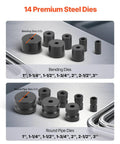 14 steel dies for VEVOR Manual Pipe Bender With 14 Dies, sizes from 1" to 3", for bending copper, aluminum, and iron pipes.